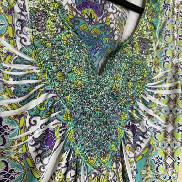 APT. 9 Boho Paisley Print Short Sleeve Tunic Top Green Blue Size Small - Picture 7 of 10